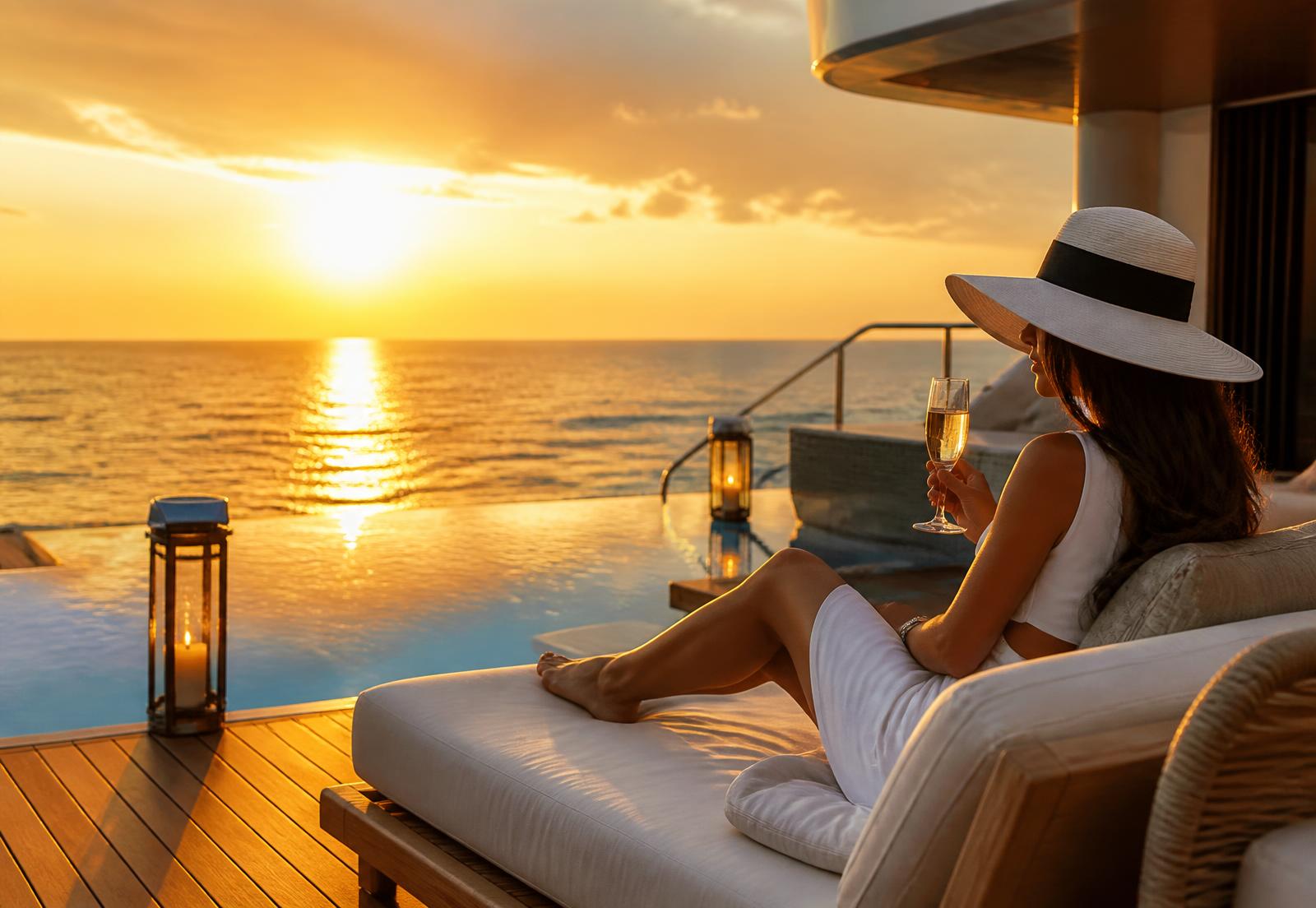 Femme allongée sur un transat au coucher du soleil avec une coupe de champagne sur le pont d’un navire de croisière