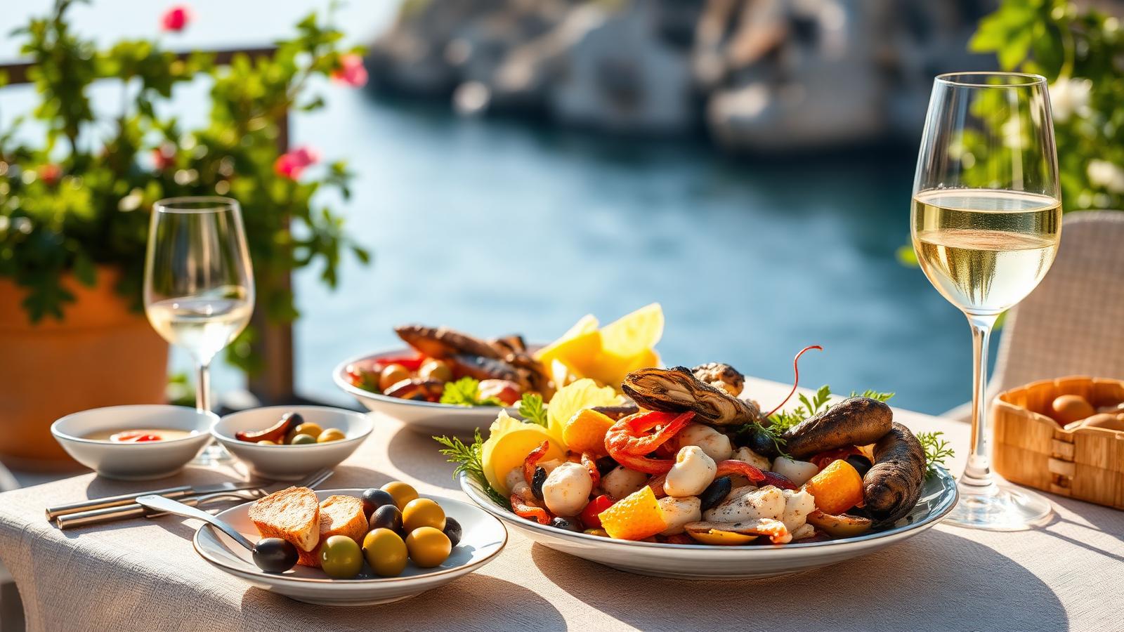 Table en terrasse avec spécialités méditerranéennes face à la mer
