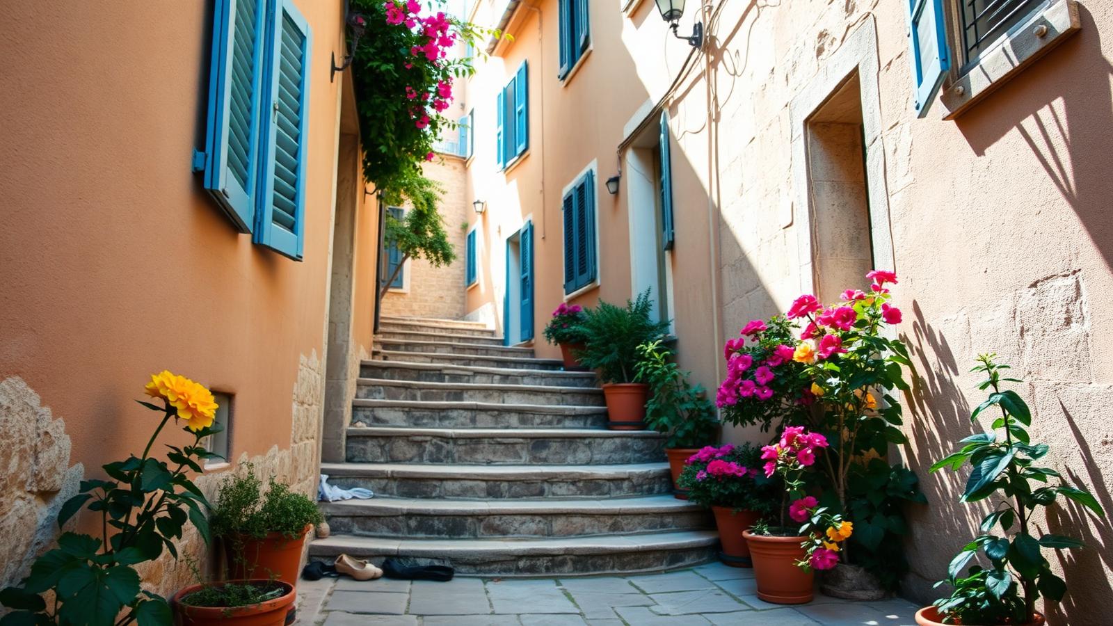 Ruelle méditerranéenne pavée bordée de volets colorés et de fleurs