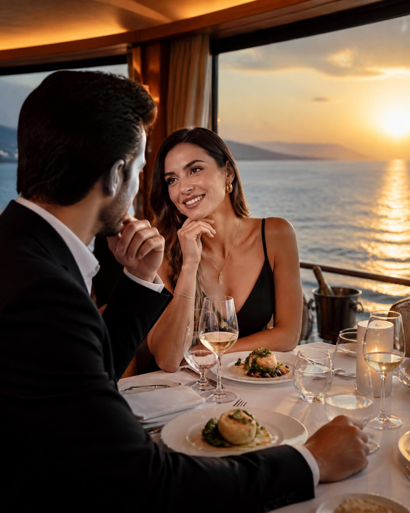Couple élégant sur le balcon d’un navire au coucher du soleil