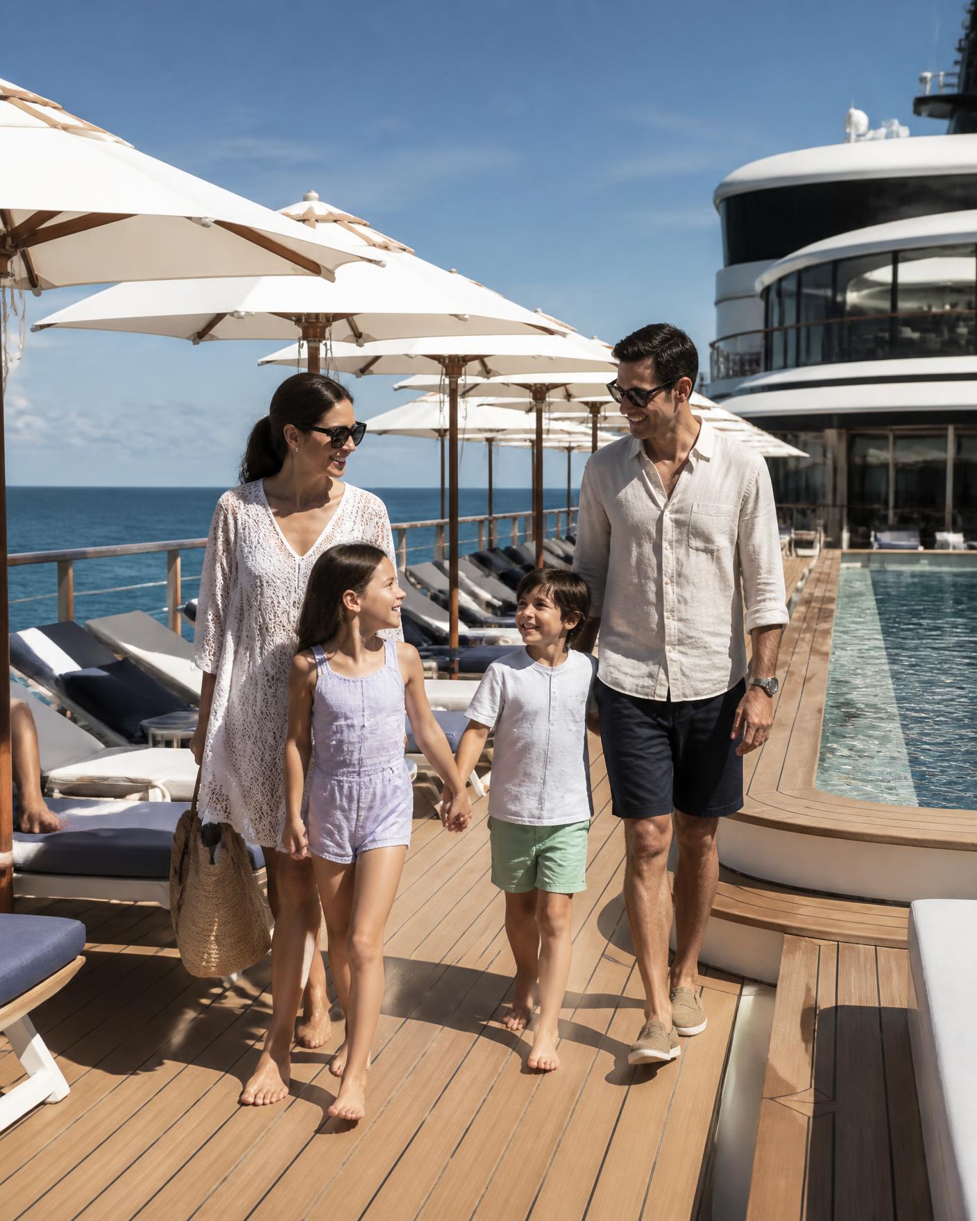 Enfants heureux au bord de la piscine d’un navire de croisière